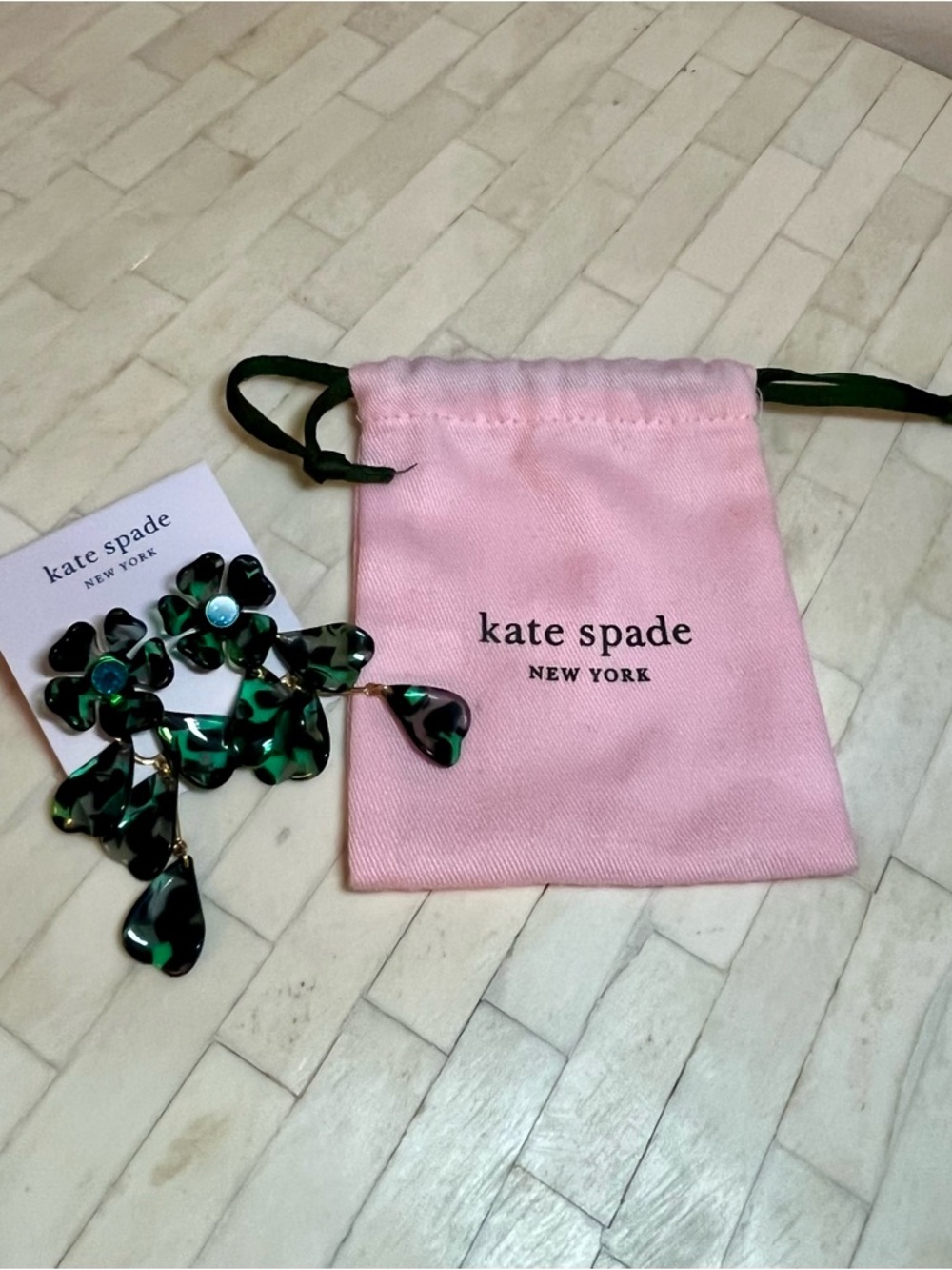 Kate Spade Green Petal Pushers Linear Earrings, with Blue Cubic Zirconia Stone - Picture 2 of 6